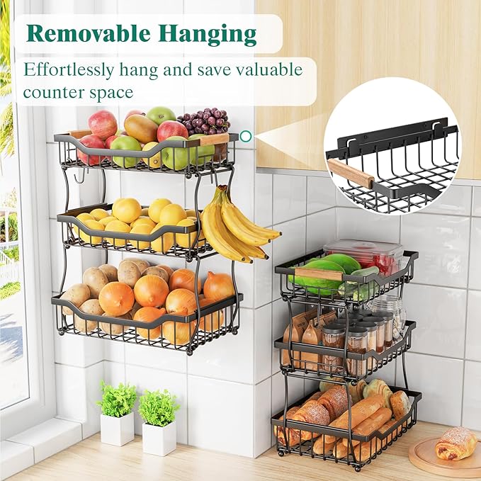 Giwil 3 Tier Countertop Fruit Basket for Kitchen, Vegetable Storage Bread Fruit Bowl Stand with 2 Banana Hooks, Wall Mounted Metal Wire Basket Organizer for Potato Onion, Black-HomvellaHome