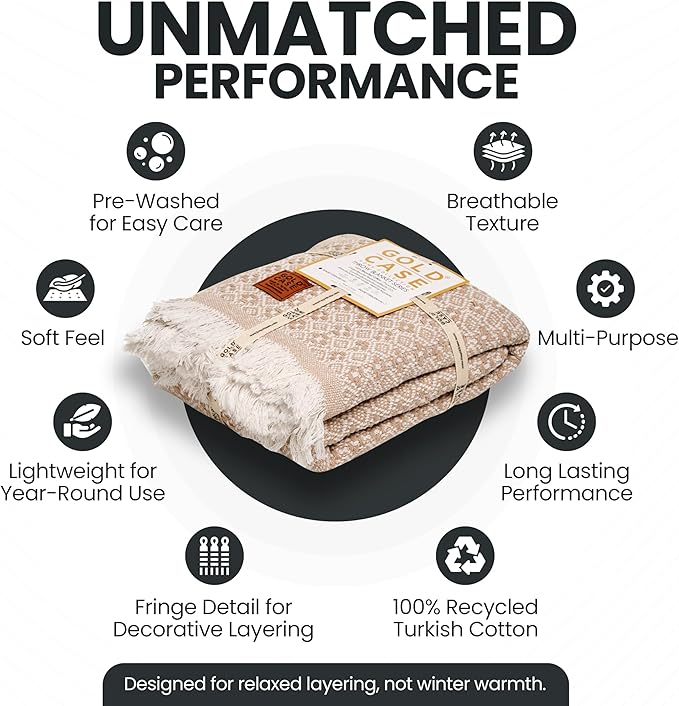 Gold Case Throw Blanket for Couch – 100% Recycled Turkish Cotton Blankets & Throws – Elegant Decorative Throw Blankets for Living Room Sofa – Woven Throws for Couch – Retro Beige – 50x60-HomvellaHome