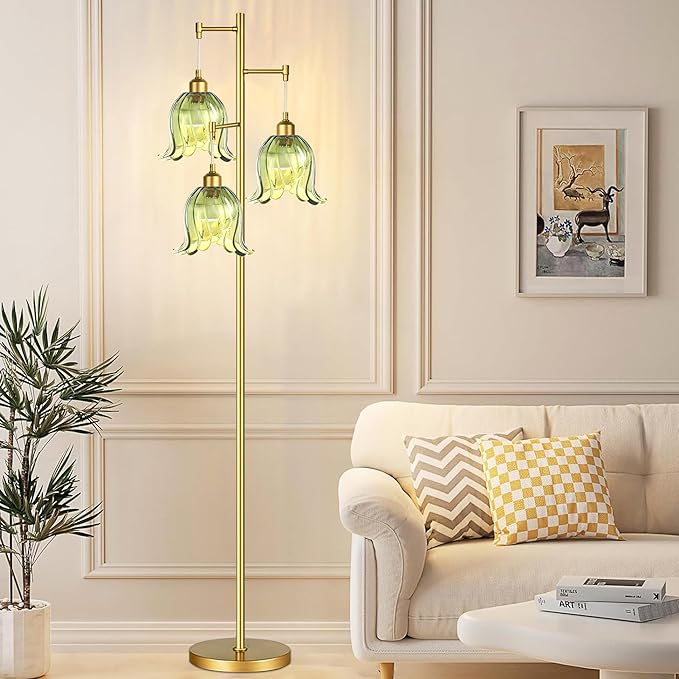 Gold Floor Lamp for Living Room,Bedroom,Tree 3 Light Standing Lamp Mid Century Modern Brass Tall Floor Lamps Vintage Retro Floor Lights Green Glass Flower Lamp Shade Farmhouse Boho Bohemian-HomvellaHome