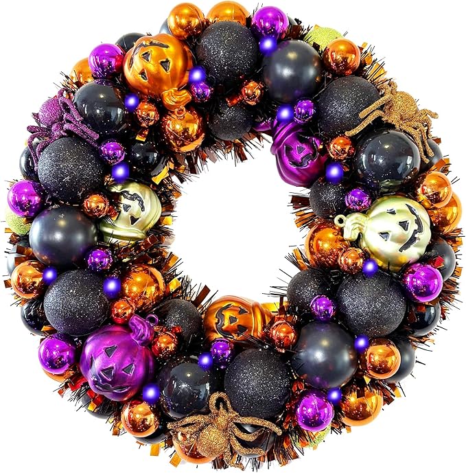 13.8 Inch Halloween Ball Wreath for Front Door with Lights, Lighted Cute Treat-or-Trick Door Wreath Ball Ornament for Halloween Indoor Decorations Centerpiece Party Holiday Wall Home Decor-HomvellaHome
