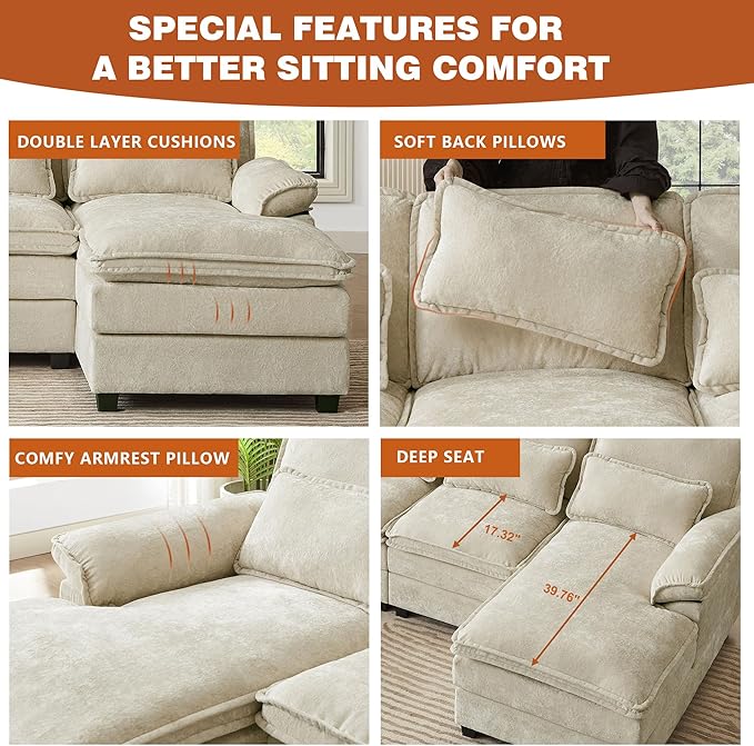 113" Oversized Cloud Couch, U Shape Sectional 4 Seat Sofa with Double Chaises, 2 Layer Cusions, Deep Seat Comfy Sofa, Upholstery Chenille Fabric for Living Room, Beige-HomvellaHome