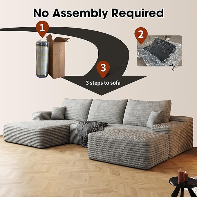 108" Sectional Couches for Living Room Modern Modular Sofa with L-Shape Couchs Upholstered Boneless Couch Deep Seat Sectional Couch with Chaise (Grey, Left Facing Chaise+2Seaters+1Ottoman)-HomvellaHome