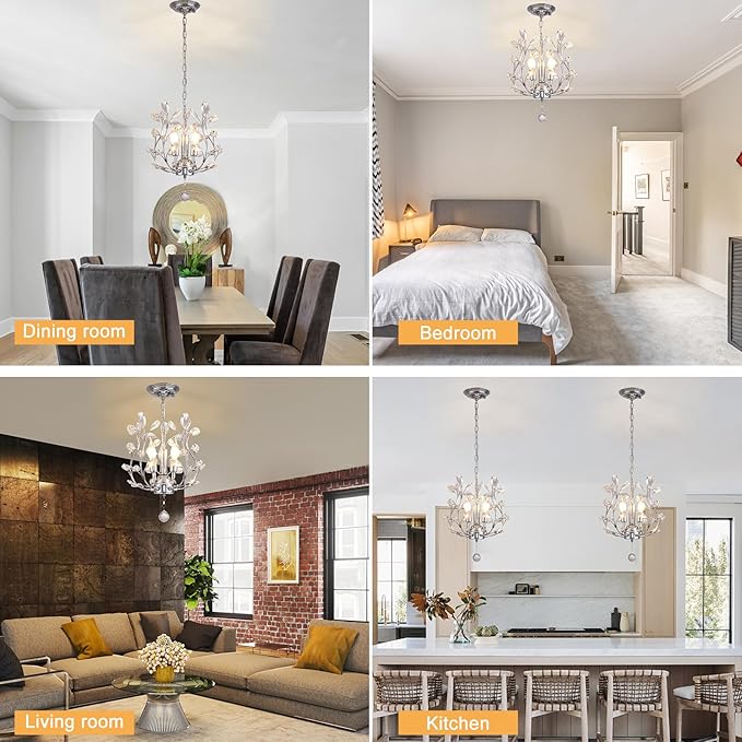 Ganeed 3-Light Branch Crystal Chandelier, Small Flush Mount Vintage Pendant Hanging Lighting, K9 Crystal Farmhouse Ceiling Light for Dining Room Bedroom Living Room Kitchen Hallway, Chrome Silvery-HomvellaHome