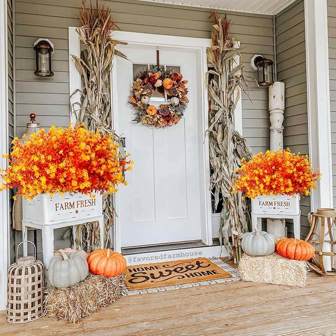 12 Bundles Artificial Fall Flowers No Fade Faux Autumn Plants, Fake Indoor Outdoor Greenery Decorations for Thanksgiving Christmas Wedding Party Home Garden Fireplace Décor (Fall Orange)-HomvellaHome