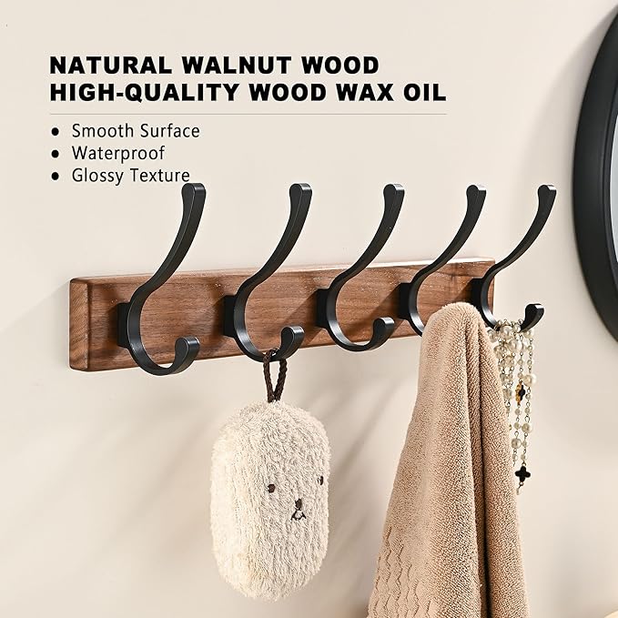 17.3" Small Wooden Coat Rack Wall Mount with 5 Hooks, Entryway Wall Hooks Coat Hanger for Hanging Towel Jacket Clothes Hat Backpack Shoe Purse Key Holder Multi Hook Rail by Black Walnut Wood-HomvellaHome
