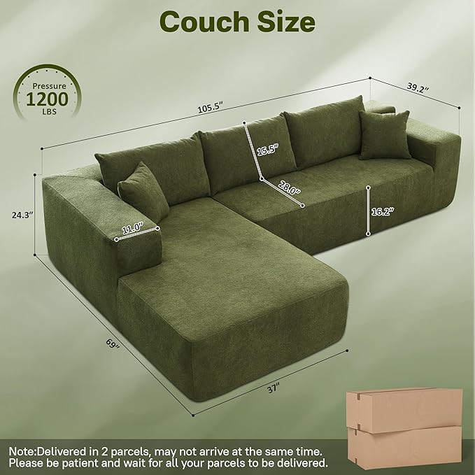 104" Cloud Sectional Couches for Living Room,L Shaped Boneless Couch in A Box,Sleeper Sofa with Comfy Chaise No Assembly Required,Green-HomvellaHome