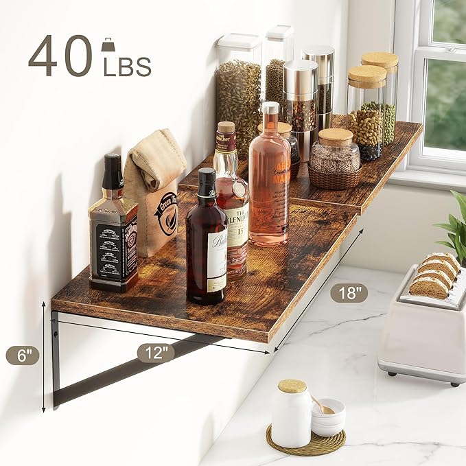 18"W x12"D Floating Shelves, Farmhouse Wall Shelves Home Decor Shelf, Deep Bathroom Shelf with Bracket, 12 Inch Deep Wall Shelves for Living Room, Kitchen, Bedroom, Rustic Brown, Set of 2-HomvellaHome