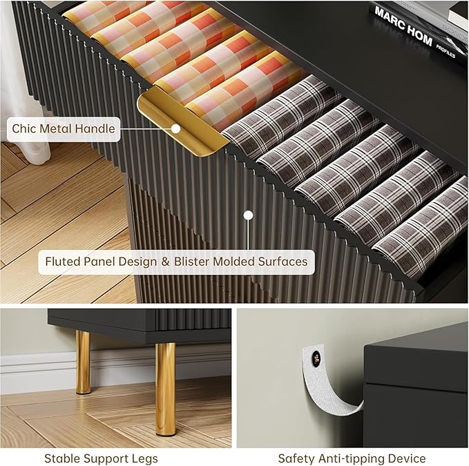 GAOMON 6 Drawer Dresser, Wood Chest of Drawers Organizer Storage with Gold Handle, Large Storage Cabinet, Modern Design Dresser for Bedroom, Living Room, Closet, Hallway, Entryway, Black-HomvellaHome