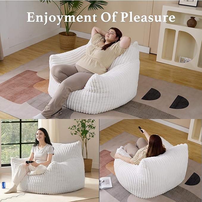 Giant Plush Bean Bag Chair for Adults with Armrests - Oversized Comfy Beige Beanbag Lounge Lazy Floor Sofa Accent Chair for Living Room, Bedroom & Dorm, Cozy Fluffy Single Cloud Mini Couch-HomvellaHome