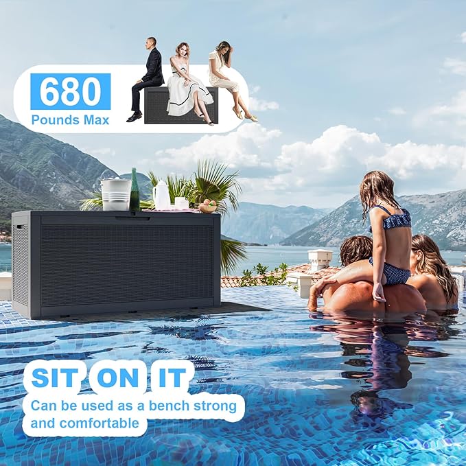 100 Gallon Deck Box,Resin Outdoor Storage Box with Lockable for Patio Furniture, Pool Accessories, Garden Tools Waterproof Outside Storage Box, Black-HomvellaHome