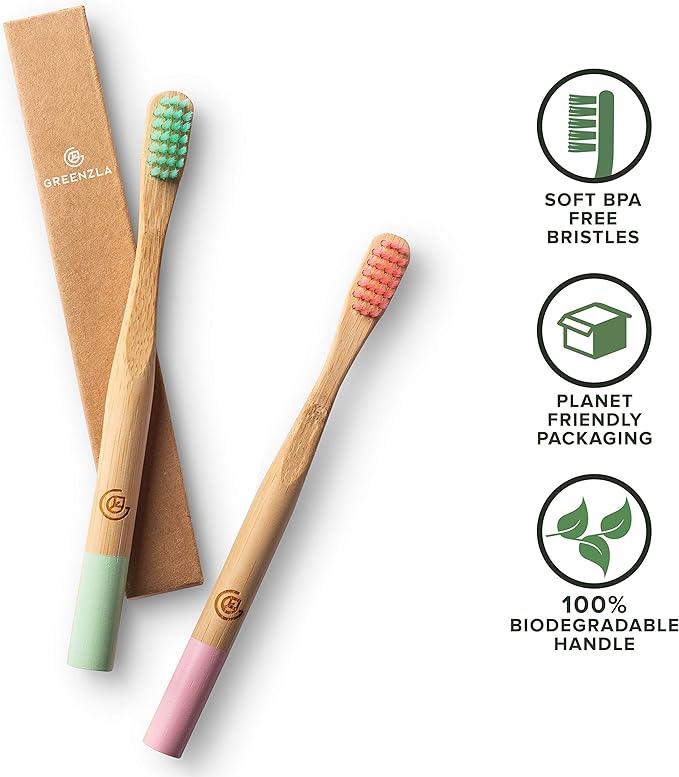 GREENZLA Kids Bamboo Toothbrushes, Natural Toothbrush Set, Soft Bristles, Durable Charcoal Wooden Brushes, Compostable Design for Toddlers and Children, 6 Pack-HomvellaHome
