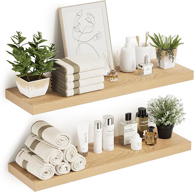 10 inches Deep Floating Shelves 36 inch Long, Large Oak Wall Shelves Heavy Duty 70 lbs for Bedroom, Bathroom, Living Room, Kitchen, Office, Modern Shelf Home Decor with Invisible Bracket-HomvellaHome