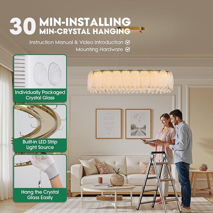 Gold Rectangle Modern Chandeliers for Dining Room Light Fixture, Water Ripple Crystal Glass LED Chandelier for Kitchen Island Bar Living Room, 2700K-6000K-HomvellaHome