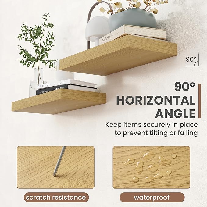 16 Inch Floating Shelves, 8 Inch Deep Floating Shelves for Wall, Hanging Shelf with Invisible Brackets, Deep Shelves for Bathroom, Bedroom, Living Room, Oak, Set of 2-HomvellaHome