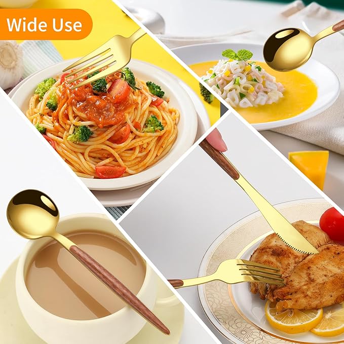 16 Pcs Gold Silverware Set with Simulated Wooden Handle for 4,Stainless Steel Cutlery Set,Mirror Polished Tableware Utensils Flatware Set,Include Knives Spoons and Forks set,Dishwasher Safe-HomvellaHome