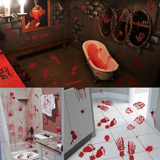173PCS Halloween Bloody Footprints Floor Clings Plus Tattoos - Hallowmas Handprint Zombie Restroom Sign Decals Party Decorations-HomvellaHome