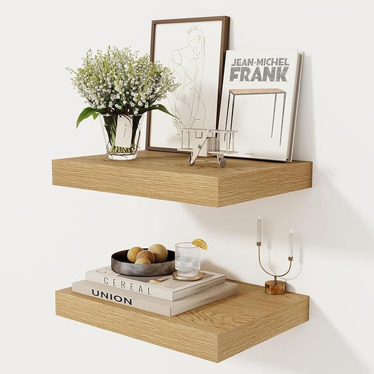 12 Inch Deep Floating Shelves, 16 x 12 Floating Shelf for Books, Rustic Wood Deep Wall Shelves for Home Storage & Display, 2" Thicked Shelves for Kitchen, Living Room, Bedroom, Oak Color, 2 Pack-HomvellaHome