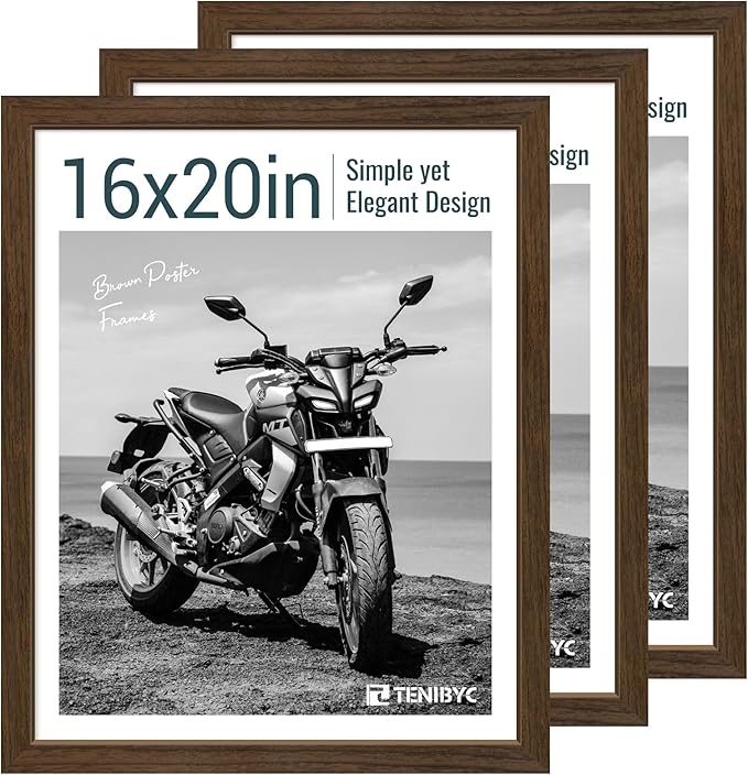 16x20 Picture Frame Set of 3 - Brown Woodgrain, Wood Poster Frame, HD Tempered Glass, Wall Gallery Hanging-HomvellaHome