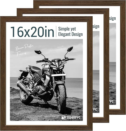 16x20 Picture Frame Set of 3 - Brown Woodgrain, Wood Poster Frame, HD Tempered Glass, Wall Gallery Hanging-HomvellaHome