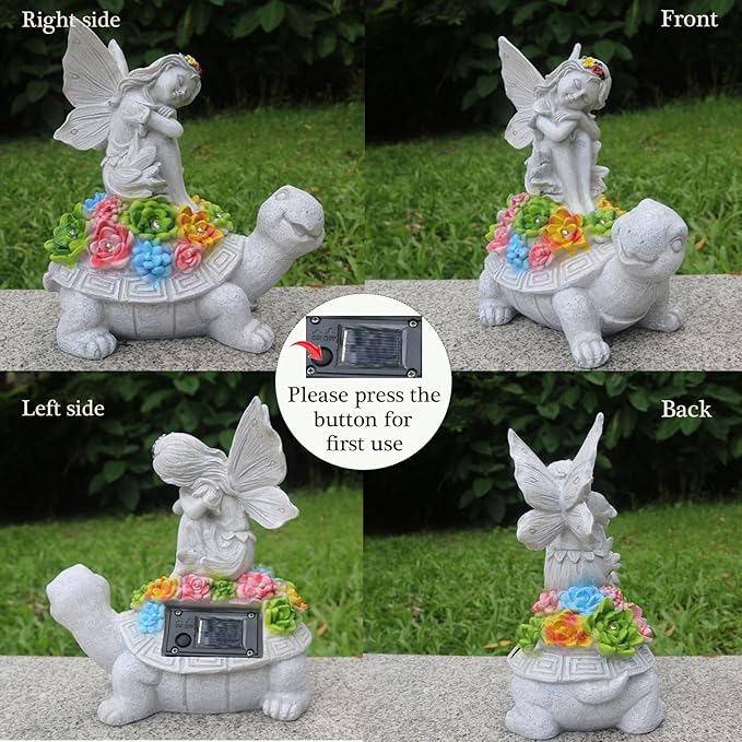 Garden Statues Outdoor Decorations Solar Turtle Angels Decor with Succulents LED Lights Garden Ornaments Figurines for Patio Yard Lawn Gifts for Women Grandma-HomvellaHome