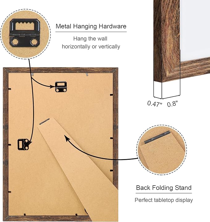 10x14 Picture Frame Set of 4, 10 x 14 Wood Photo Frames with Mat for 8x12 or 30x40cm Diamond Painting Art, Wooden Frame with Real Glass Cover for Wall and Tabletop Display,Rustic Brown-HomvellaHome