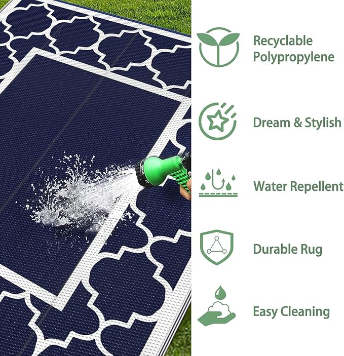 GENIMO Outdoor Rug Waterproof for Patio Decor, 8'x10' Reversible Plastic Straw Rug Carpet, Camping Mats for Outdoor, RV, Backyard, Deck, Balcony, Picnic, Blue & White-HomvellaHome