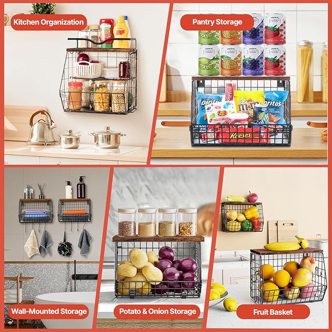 2 Pack Fruit Bowl Hanging Fruit Basket for Kitchen Counter ,Stackable Wire Baskets for Onion Storage and Potato Storage with Wood Lid,Vegetable Fruit Basket with Banana Hooks-HomvellaHome