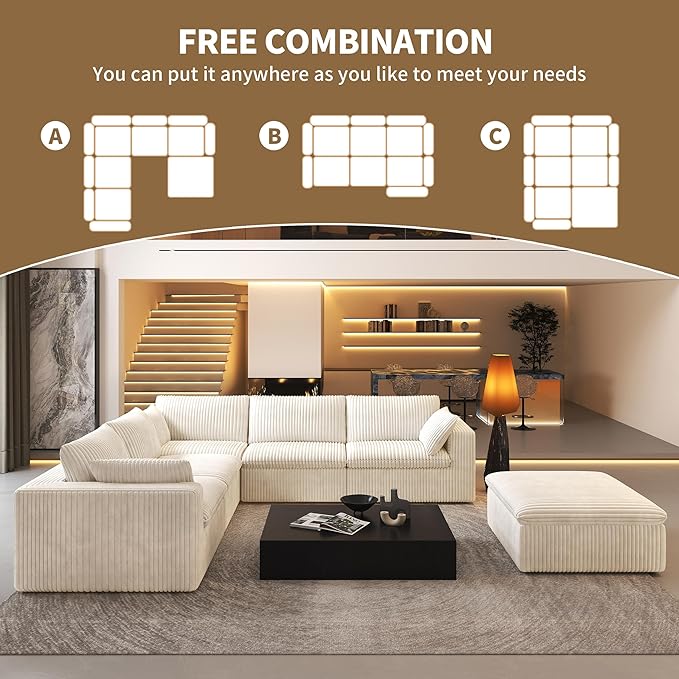 118" 6-Seater Cloud Sofa,Modular Sectional Couch with Ottoman,Modern Deep Seat Upholstered Couches with Plush Corduroy Fabric for Living Room Furniture,Bedroom and Apartment,No Assembly Required,White-HomvellaHome