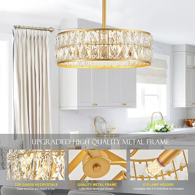 16” 4-Light Modern Crystal Chandeliers Gold Dinning Room Light Fixture, Round Pendant Light Kitchen Island Chandelier, Flush Mount Ceiling Light for Living Room Entryway Bedroom Foyer-HomvellaHome