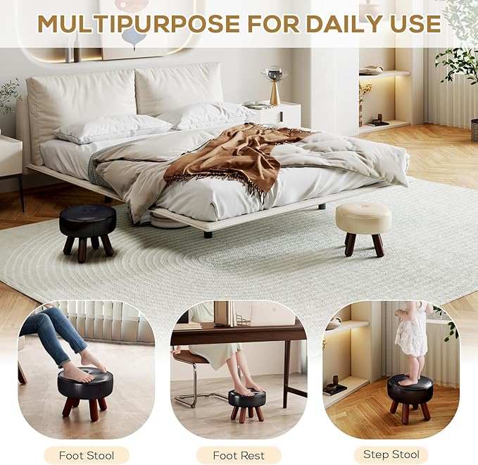 13in Small Foot Stool Ottoman, Round Faux Leather Foot Rest, Footstool Ottomans with Rubber Legs Under Desk, Footrest for Couch, Living Room, Bedroom, Office, 13''L x 13''W x 10.2''H, Black-HomvellaHome