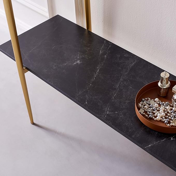 Glass Console Table for Living Room, Foyer & Entrance, 2-Tiers Mid-Century Modern Sofa Table with Grey Glass Top, Black Marble Finish Wood Shelf and Gold Finish Frame-HomvellaHome