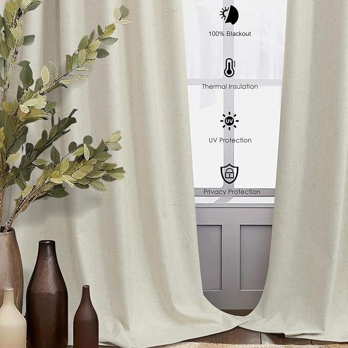 100 Inch Length Custom Summer Curtains for Windows Living Room Viral Back Tab Pleated Extreme Blackout Curtain Linen Designer Drapes for Sliding Glass Doors Patio 52 Wide x 100 Long Tall 2 Panel Beige-HomvellaHome