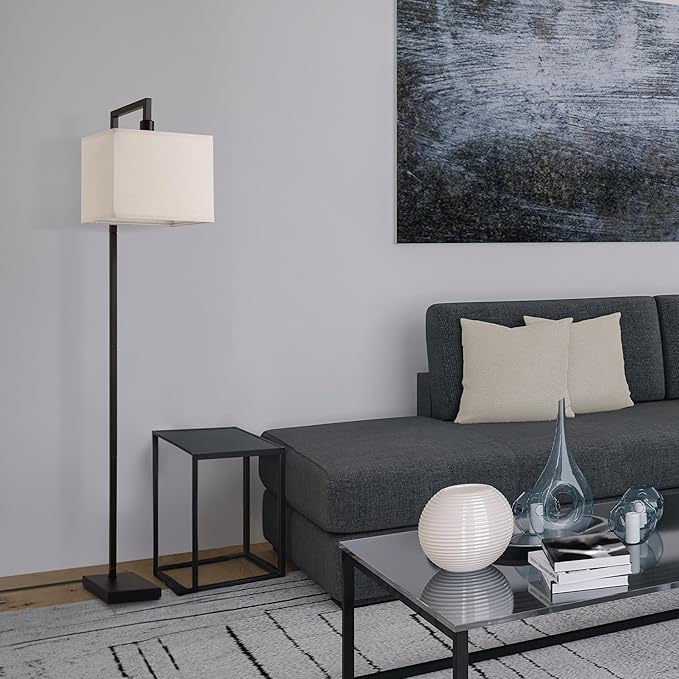 Globe Electric 61000052 60" Floor Lamp, Matte Black, Square White Fabric Shade, On/Off Rotary Switch on Socket, Square Rod, Reading Lamp, Home Office Accessories, Home Décor, Home Improvement-HomvellaHome