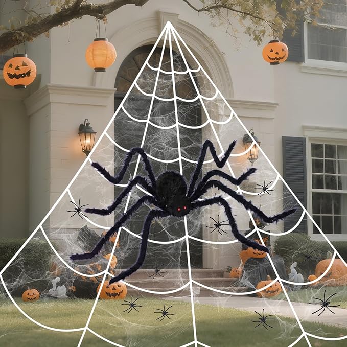 16.4 X 15.8Ft Giant Spider Web Halloween Decorations with 250 LED Lights, Halloween Spider Web Outdoor with 5Ft Large Spider, 3.53 Oz Stretch Web and 20 Small Spiders for Yard House Party Decoration-HomvellaHome