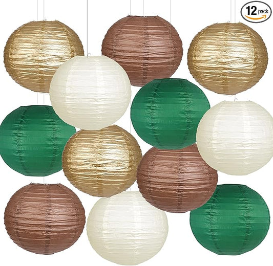 Paper Lanterns Green Brown Gold Round Hanging Chinese Lanterns for Birthday Party Gender Neutral Woodland Baby Shower Decorations Pack of 12