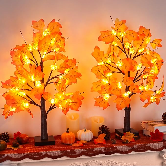 2 Pack 24 Inch Prelit Fall Maple Tree Fall Decor with 48 LEDs Timer Battery Operated Artificial Fall Light Up Tree Maple Acorn for Fall Thanksgiving Decorations Table Home Office Indoor Autumn Harvest-HomvellaHome