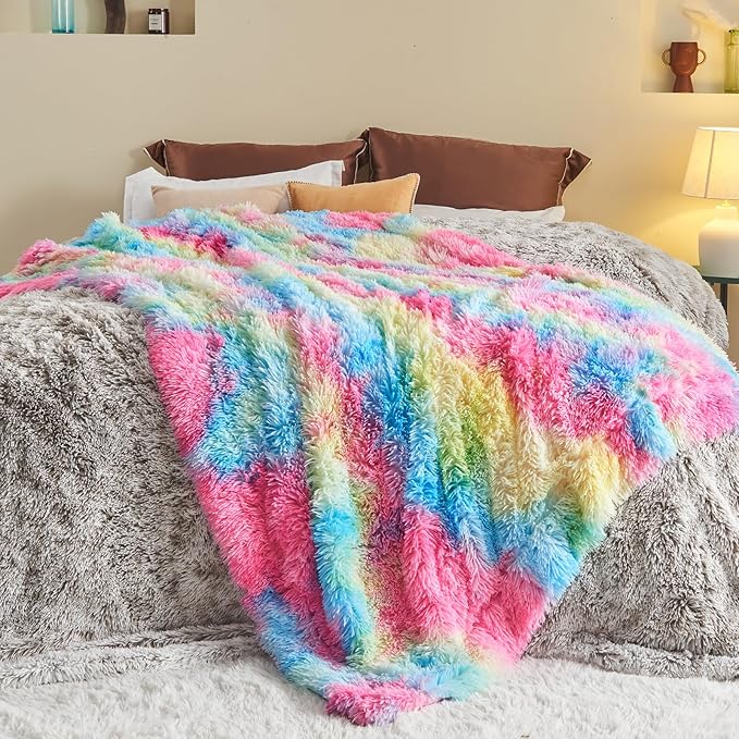 GONAAP Fuzzy Faux Fur Throw Blanket Twin Size Dark Rainbow Super Soft Cozy Plush Fuzzy Shaggy Blanket for Couch Sofa Bed (Dark Rainbow, Twin(60"x80"))-HomvellaHome