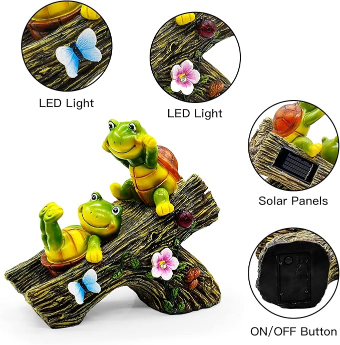 Garden Turtle Figurines Outdoor Decorations, Solar Statue Sweet Frog Face Turtles Decor with 4 LED Lights, Unique Garden Art Resin Statue Gifts for Patio Lawn Porch Yard-HomvellaHome