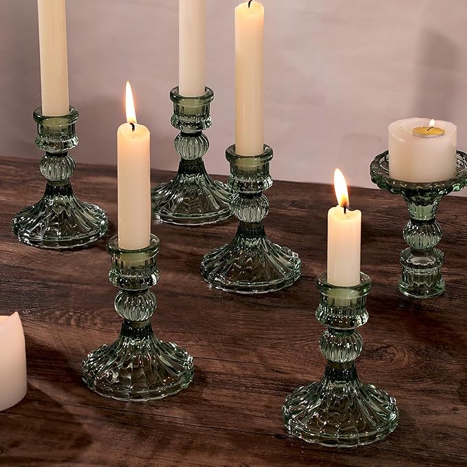 12PCS Green Candlestick Holders Set- 4" H Taper Candle Holders, Glass Candle Holders Bulk for Wedding, Party, Home Table Centerpieces, Festival Gifts & Windowsill Decor-HomvellaHome