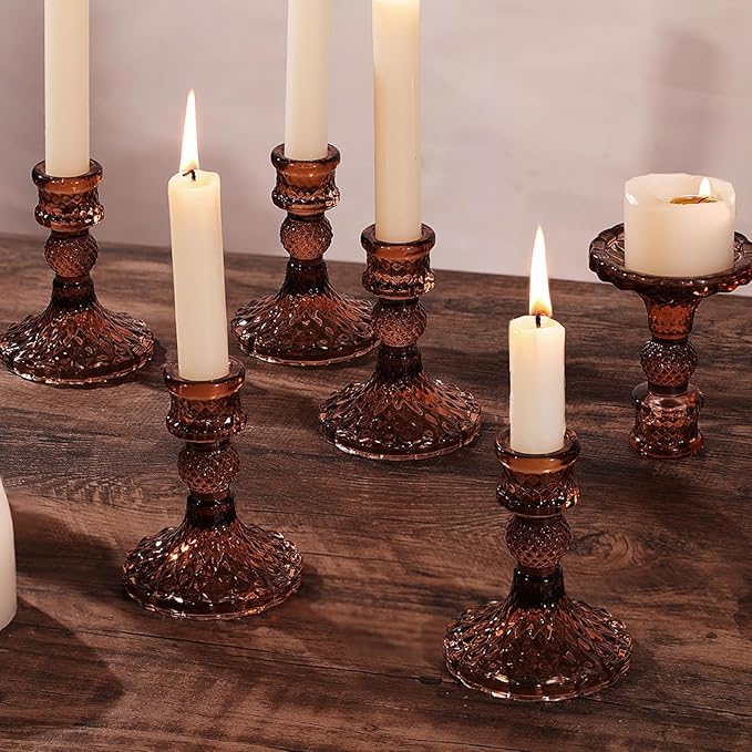 12Pcs Amber Candlestick Holders Set- 4" H Taper Candle Holders Bulk, Glass Candle Holders for Wedding, Party, Fall Dinner Table Centerpieces, Festival Gifts & Windowsill Decor-HomvellaHome