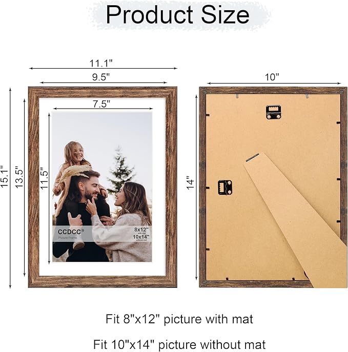 10x14 Picture Frame Set of 4, 10 x 14 Wood Photo Frames with Mat for 8x12 or 30x40cm Diamond Painting Art, Wooden Frame with Real Glass Cover for Wall and Tabletop Display,Rustic Brown-HomvellaHome