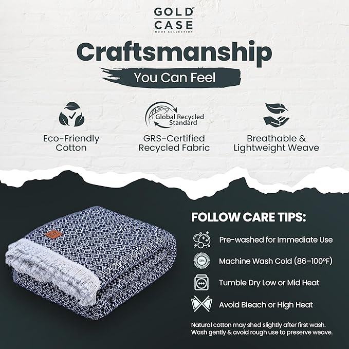 Gold Case Throw Blanket for Bed – 100% Recycled Turkish Cotton Bed Blanket – Decorative Throw Cotton Blankets for Living Room & Bedroom – Retro Navy Blue Woven Queen Blankets – 90x90-HomvellaHome