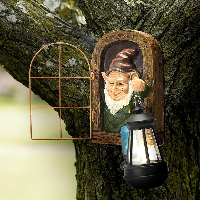 Garden Gnome Decor Outdoor Statue - Gnome With Solar Waterproof Lantern, Whimsical Elf Out The Door Tree Hugger Garden Statues, Home, Fence, Patio, Resin Ornament, Gardening Gift Tree Faces Gnomes-HomvellaHome