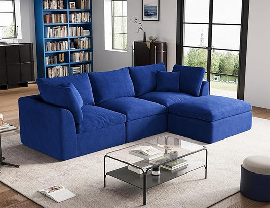 110" Cloud Sectional Couches for Living Room, Boneless L-Shape Couch with Ottoman, 3 Seater Modular Sectional Sofa, Blue-HomvellaHome