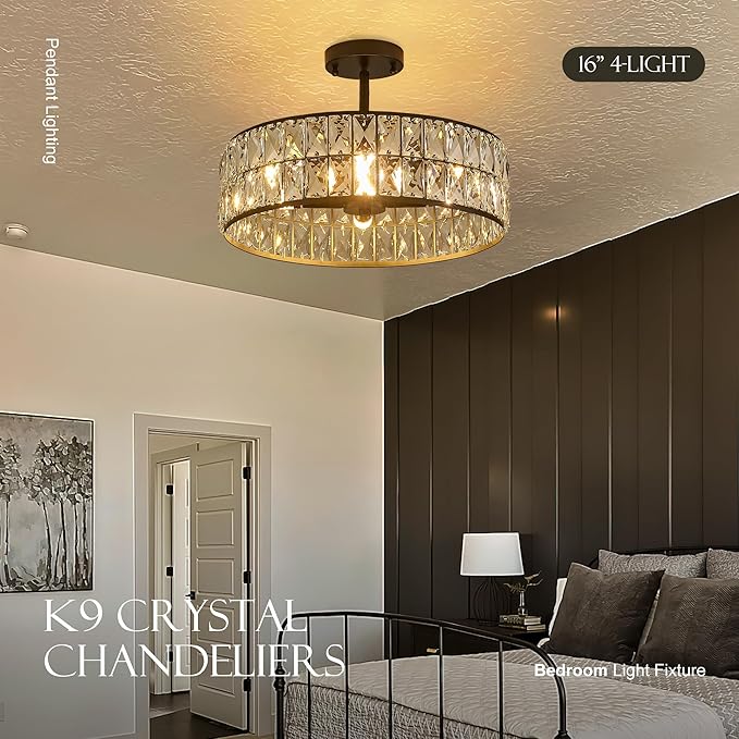 16” 4-Light Modern Crystal Chandeliers Black Dinning Room Light Fixture with Two Rods, Round Pendant Light Kitchen Island Chandelier, Flush Mount Ceiling Light for Living Room Entryway-HomvellaHome
