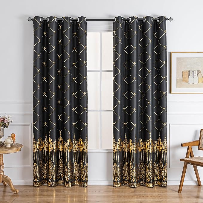 Grommets Blackout Long Window Curtains Black Gold-52W*95L 2PCS Drapes for Bedroom-HomvellaHome