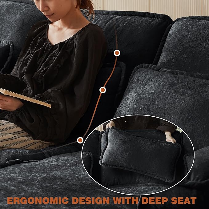 113" Oversized Cloud Couch, U Shape Sectional 4 Seat Sofa with Double Chaises, 2 Layer Cusions, Deep Seat Comfy Sofa, Upholstery Chenille Fabric for Living Room, Black-HomvellaHome