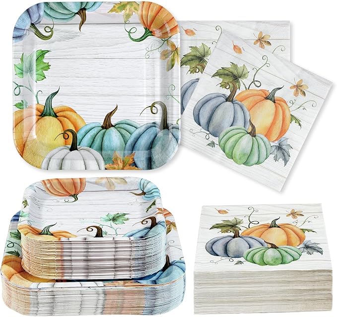 Grencian 200Pcs Fall Plates and Napkins Square Blue Pumpkins Plate Thanksgiving Paper Plates Pumpkin Wood Grain Dinnerware for Baby Shower Fall Harvest Family Thanksgiving Party Decorations, Serves 50-HomvellaHome