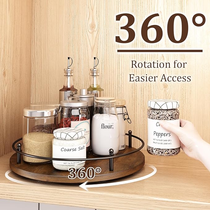 12" Lazy Susan Turntable Organizer,Round Wooden Lazy Susan Organization and Rotating Spice Rack for Dining Table,Pantry,Kitchen Countertop,Vanity,Cupboard and More.Vintage Wood(Round)-HomvellaHome
