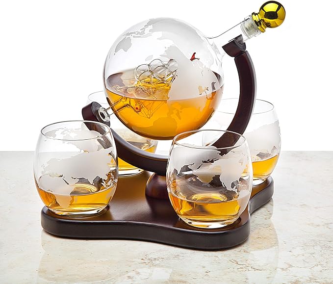 Godinger Whiskey Decanter Globe Set with 4 Etched Glasses for Liquor, Scotch, Bourbon, Vodka, Gifts for Men - 850ml Clear-HomvellaHome